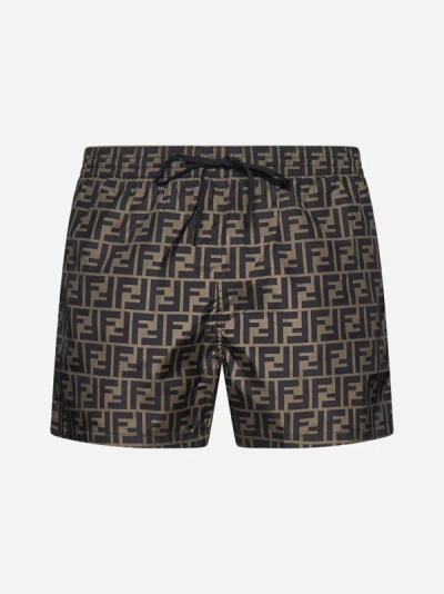 Fendi Ff Print Swim Shorts In Tobacco,dark Brown