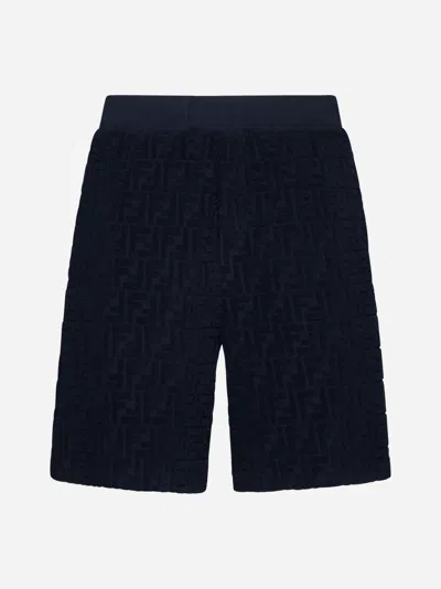 Fendi Ff Velvet Jacquard Shorts In Navy