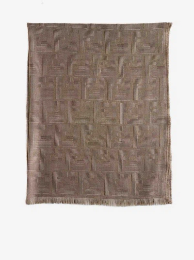 Fendi Ff Wool And Silk Scarf In Camel,beige