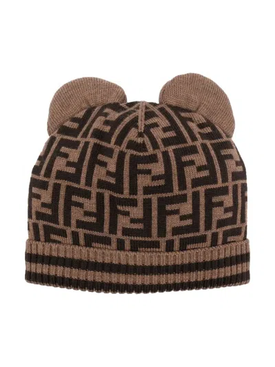 Fendi Kids' Ff-motif Pop-up Ears Beanie In Brown