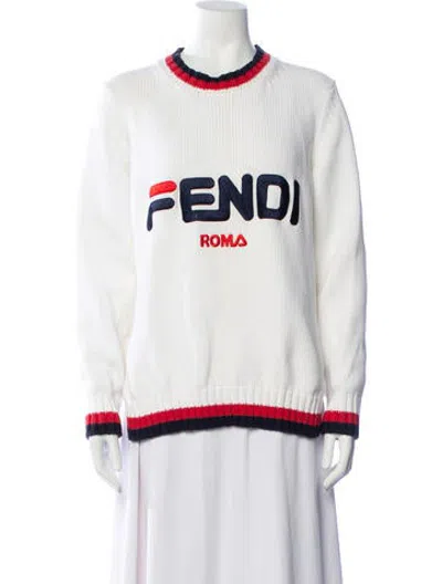 Pre-owned Fendi Graphic Print Crew Neck Sweater In White