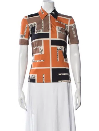Pre-owned Fendi Graphic Print Short Sleeve Polo In Brown/orange