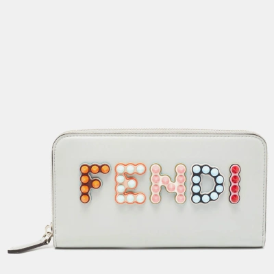 Pre-owned Fendi Grey Leather Logo Studded Zip Around Wallet