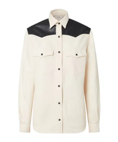 Fendi Ivory Denim And Black Leather Shirt In White
