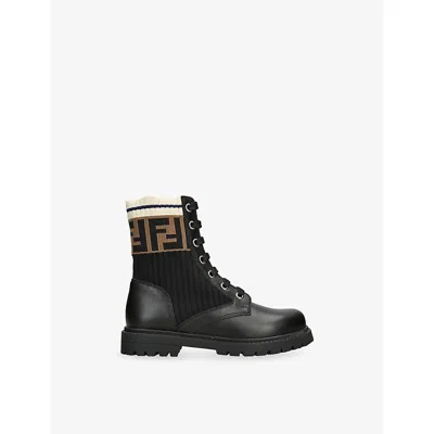 Fendi Kids' Tronchetto Logo Knitted And Leather Boots Black/comb Eur 27 / 9 Uk