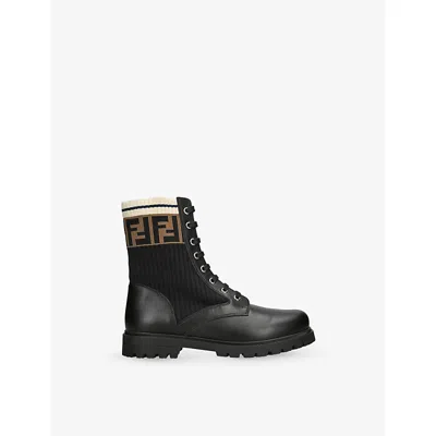 Fendi Kids' Tronchetto Logo Knitted And Leather Boots Black/comb Eur 33 / 1 Uk