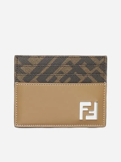 Fendi Leather And Ff Fabric Cad Holder In Sand,brown