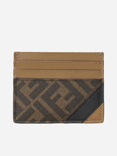 Fendi Leather And Ff Fabric Card Holder In Tobacco,sand,dark Brown,black