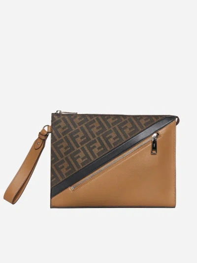 Fendi Leather And Ff Fabric Clutch Bag In Sand,brown,black