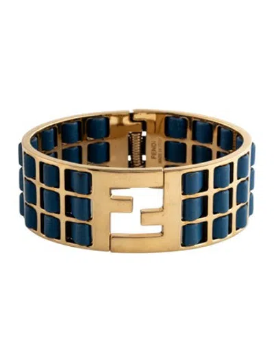 Pre-owned Fendi Leather Sta Braided Hinged Cuff Bracelet, 6" In Blue