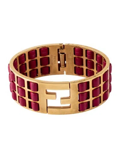 Pre-owned Fendi Leather Sta Woven Bangle Bracelet, 6" In Burgundy