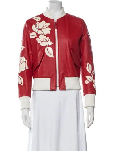 Pre-owned Fendi Leather Floral Print Bomber Jacket In Red
