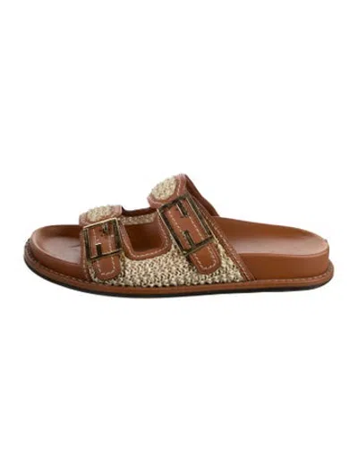 Pre-owned Fendi Leather Leather Trim Embellishment Slides In Brown/neutrals