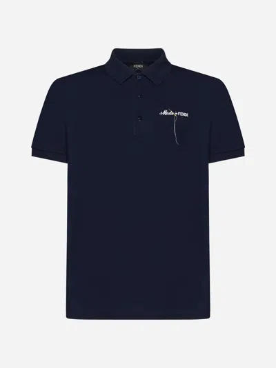 Fendi Logo Cotton Polo Shirt In Blue