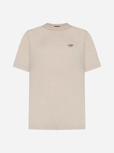 Fendi Logo Cotton T-shirt In Beige