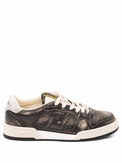 Fendi "match" Distressed Leather Sneakers In Brown