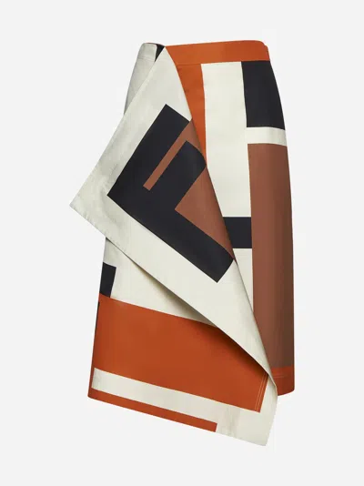 Fendi Maxi Ff Puzzle Print Cotton Skirt In Orange,ash