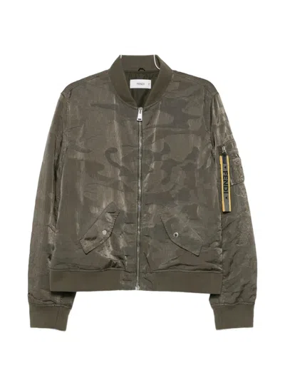 Fendi Men's Fitted Nylon Blouson Jacket With Logo Zipped Arm Pocket In Verde