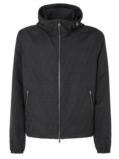 Fendi Men's Polyester Track Jacket With Elastic Cuffs, Two-way Zipper, Drawstring Hem & Side Zip Poc In Nero