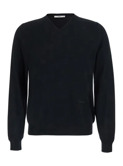 Fendi Men's V-neck Lightweight Knit Sweater In Black