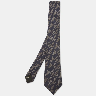 Pre-owned Fendi Navy Blue Patterned Silk Skinny Tie
