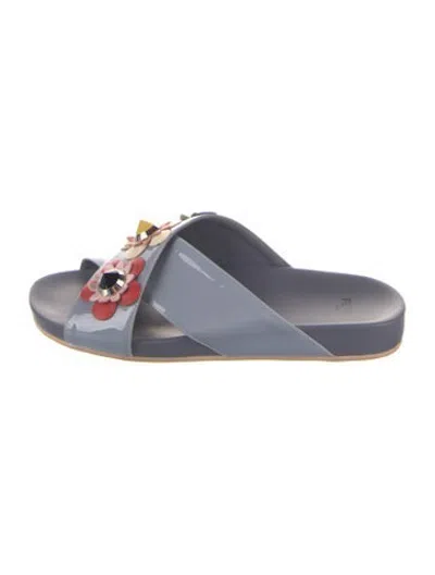 Pre-owned Fendi Patent Leather Studded Accents Slides In Blue