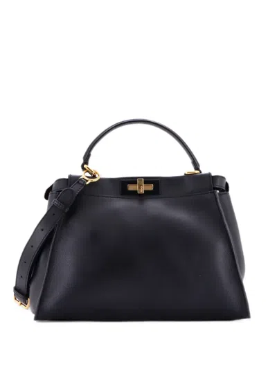 Pre-owned Fendi Peekaboo Bag Rigid Leather Regular Satchel In Black