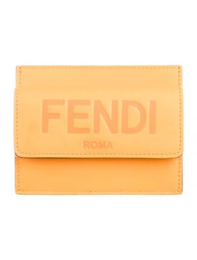 Pre-owned Fendi Signature Logo Leather Card Holder In Orange