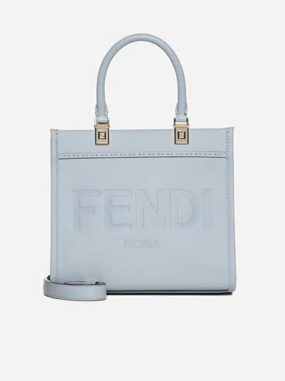 Fendi Sunshine Leather Small Tote Bag In Blue