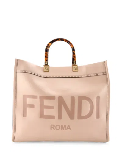Pre-owned Fendi Sunshine Shopper Leather Medium Tote Bag In Neutrals
