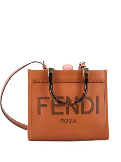 Pre-owned Fendi Sunshine Shopper Leather Small Tote Bag In Brown