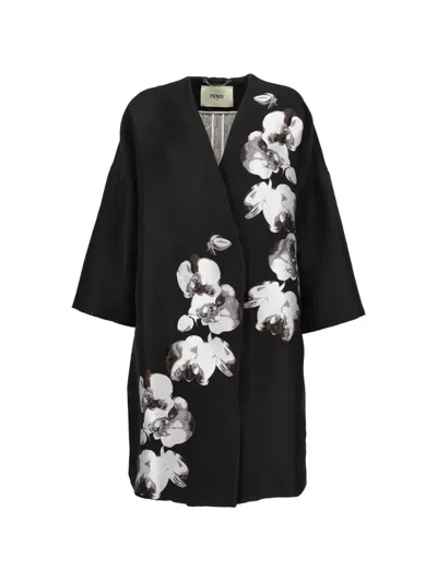 Pre-owned Fendi V-neck Floral-print Coat In Black