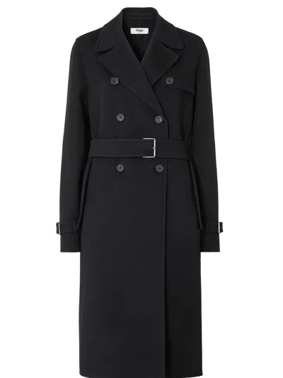 Fendi Women's Virgin Wool & Silk Coat With Side Slit Hem, Cape Back, Adjustable Cuffs And Belt In Nero