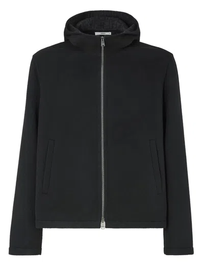 Fendi Wool & Silk Zucca-lined Hooded Jacket With Double-slider Zip In Nero