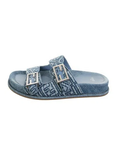 Pre-owned Fendi Zucca Ff Logo Denim Slides In Blue