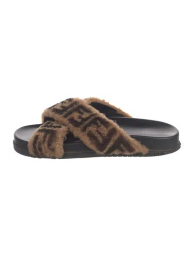 Pre-owned Fendi Zucca Ff Logo Faux Fur Slides In Brown