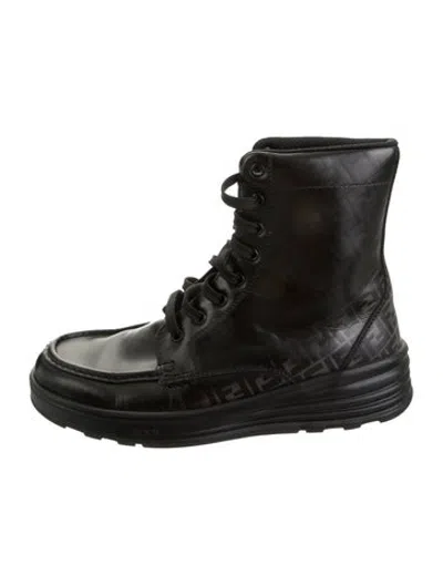 Pre-owned Fendi Zucca Ff Logo Leather Lace-up Boots In Black