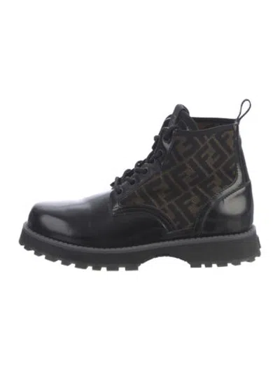 Pre-owned Fendi Zucca Ff Logo Leather Lace-up Boots In Black/brown