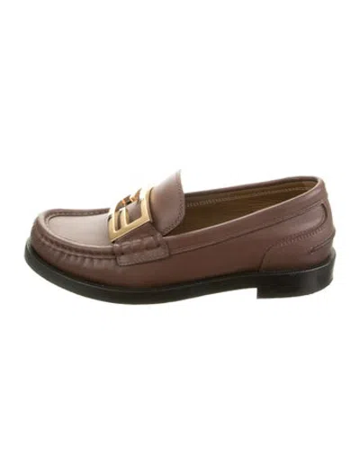 Pre-owned Fendi Zucca Ff Logo Leather Loafers In Burgundy