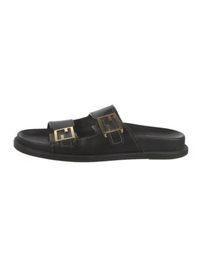 Pre-owned Fendi Zucca Ff Logo Leather Slides In Black