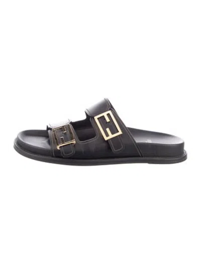 Pre-owned Fendi Zucca Ff Logo Leather Slides In Black