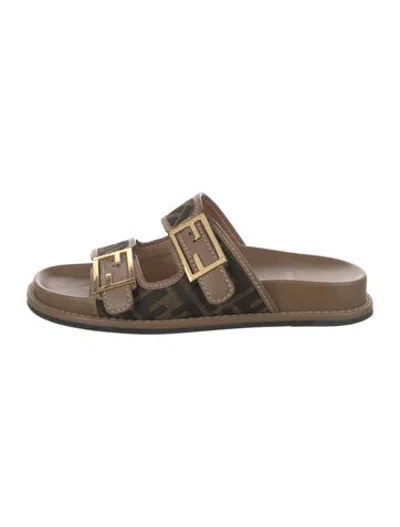 Pre-owned Fendi Zucca Ff Logo Leather Slides In Brown