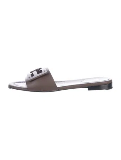 Pre-owned Fendi Zucca Ff Logo Leather Slides In Grey