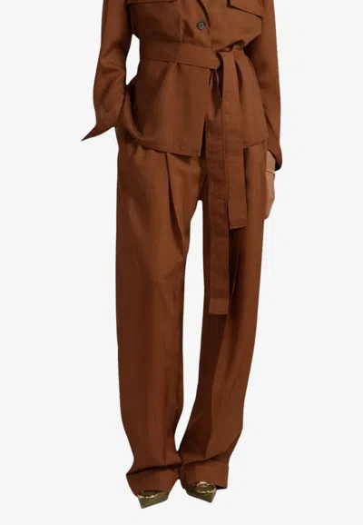 Ferragamo Barrel-leg Belted Wool Pants In Cognac