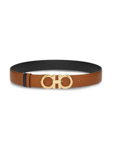 Ferragamo Brown Leather Belt With Gold-tone Double Gancini Buckle