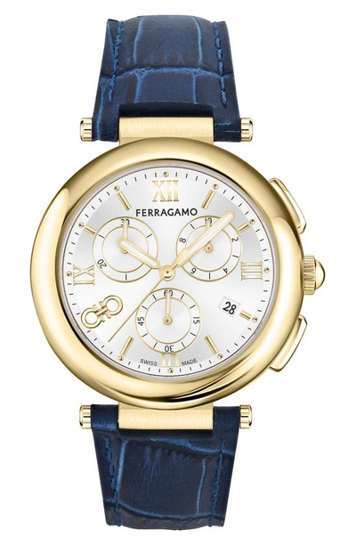 Ferragamo Croc-embossed Leather Strap Chronograph Watch, 40mm In Navy/ Ip Gold