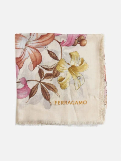 Ferragamo Floral Print Cashmere Shawl In Ivory,terracotta