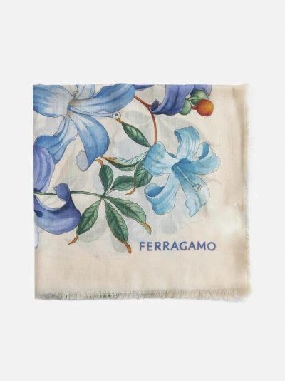 Ferragamo Floral Print Cashmere Shawl In Ivory,turquoise