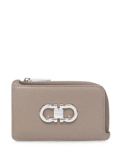 Ferragamo Gancini Card Holder With Zip In Gray