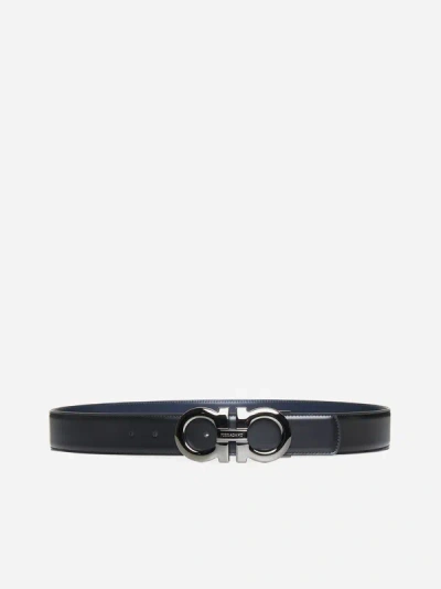 Ferragamo Gancini Leather Reversible Belt In Black,navy Blue